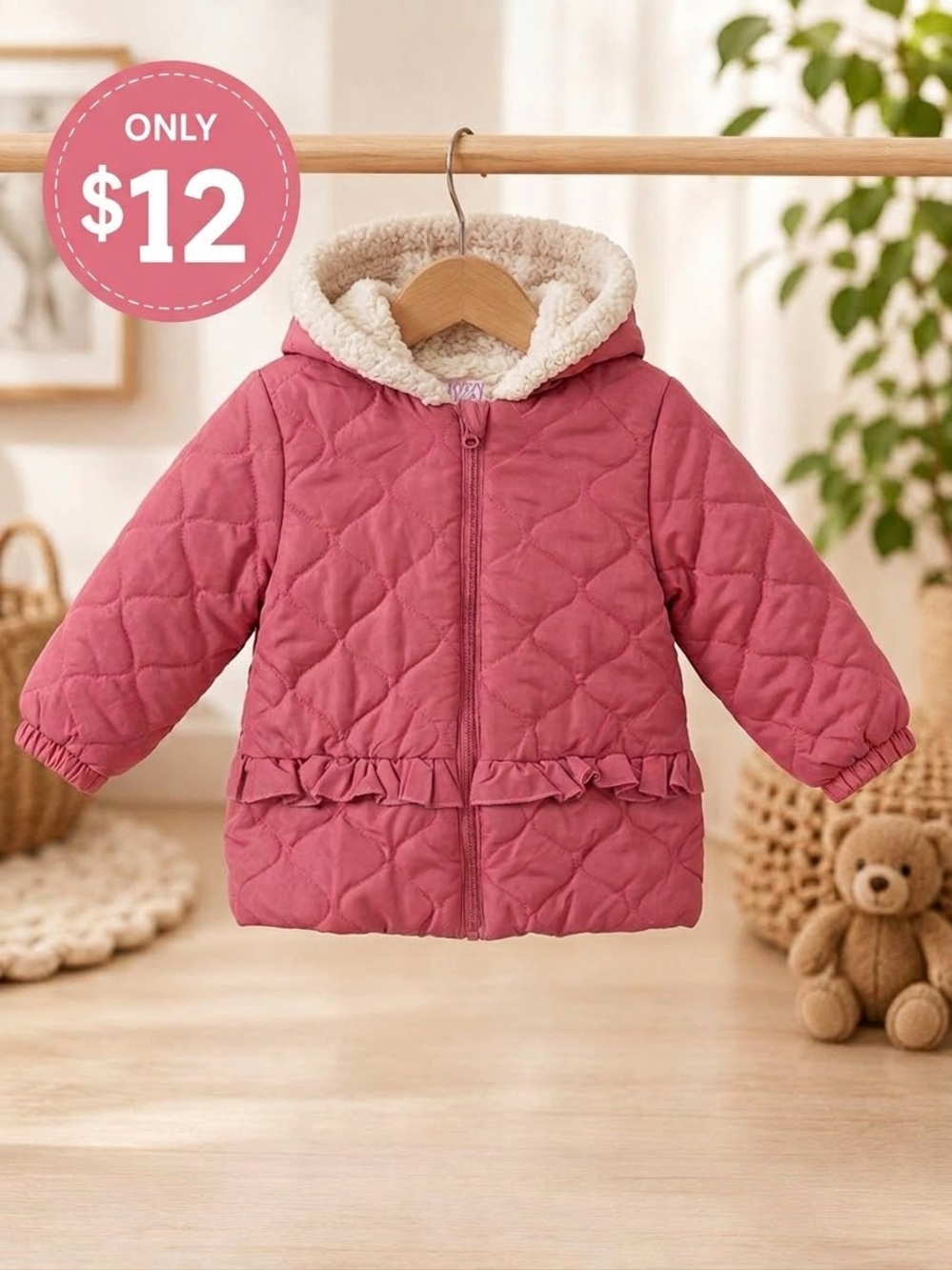 JUST LIZZY Girls' SZ 4 Quilted Pink Hooded Winter Coat w Sherpa Lining / Ruffles